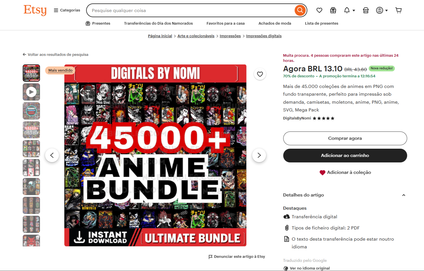 Print de loja Etsy vendendo Anime