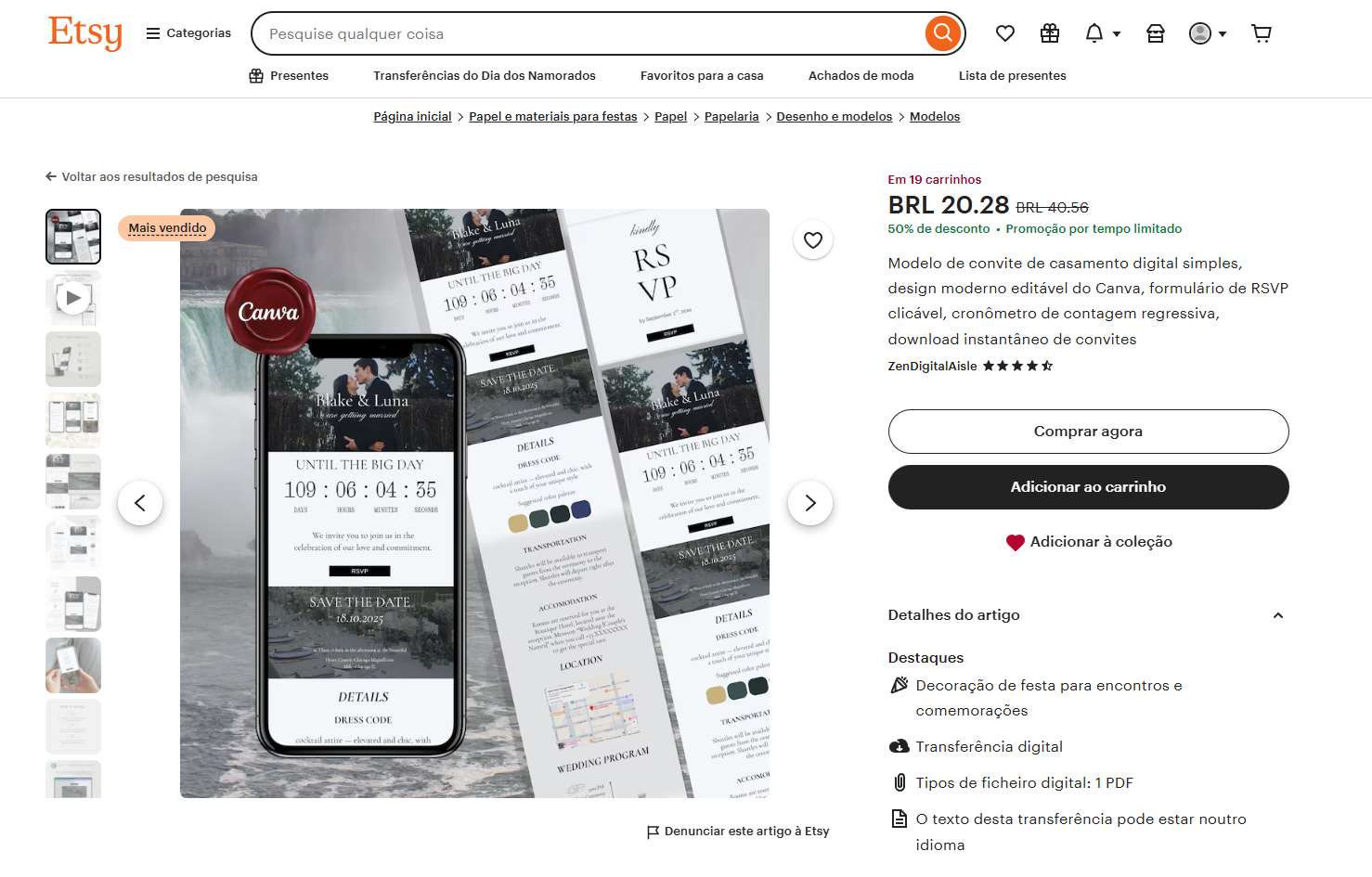 Print de loja Etsy vendendo Convites